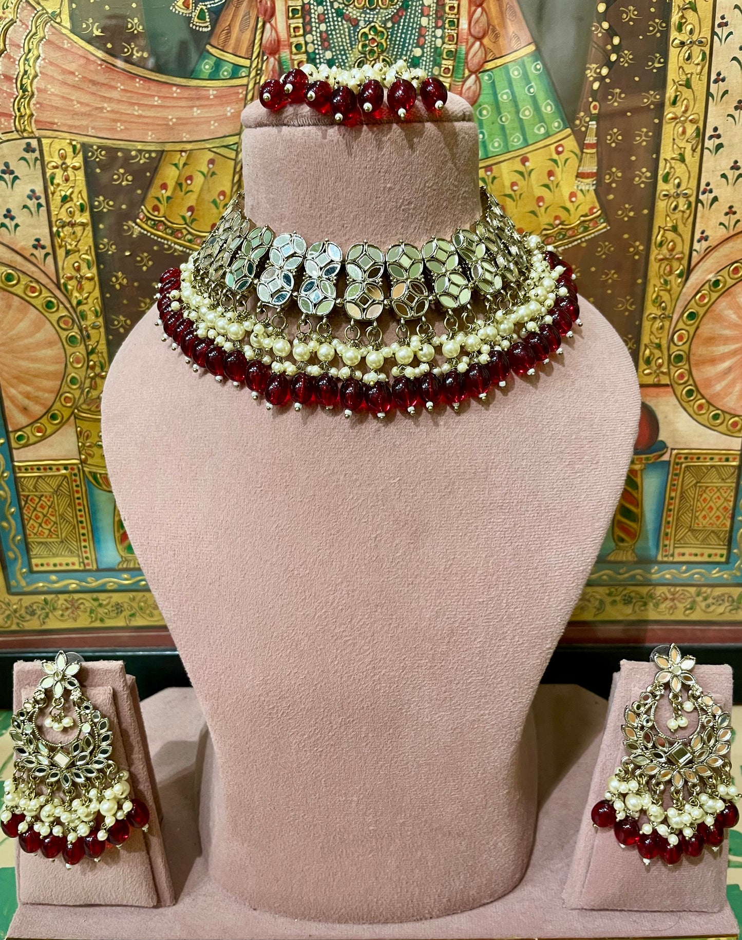 MAROON JAIPURI MIRROR WORK NECKLACE SET