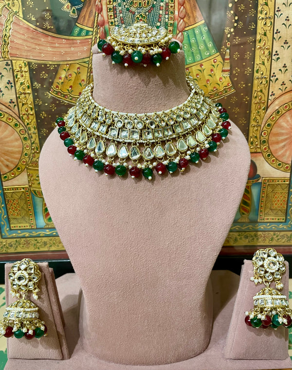 GREEN & MAROON JODHA KUNDAN BRIDAL NECKLACE SET