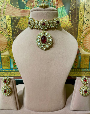 RUBY RED KUNDAN MOISSANITE PENDANT DESIGNER CHOKER SET