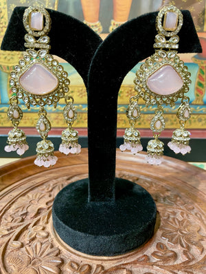 SOFT PINK MONALISA STONE KUNDAN MOISSANITE JHUMKI EARRINGS