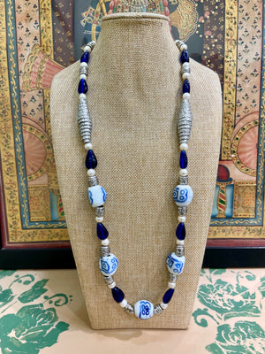 ROYAL BLUE & CERAMIC BEADS DESIGNER LONG NECKLACE
