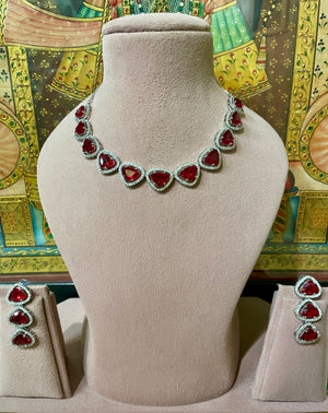 RUBY RED PEAR CUT AMERICAN DIAMOND (AD) NECKLACE SET