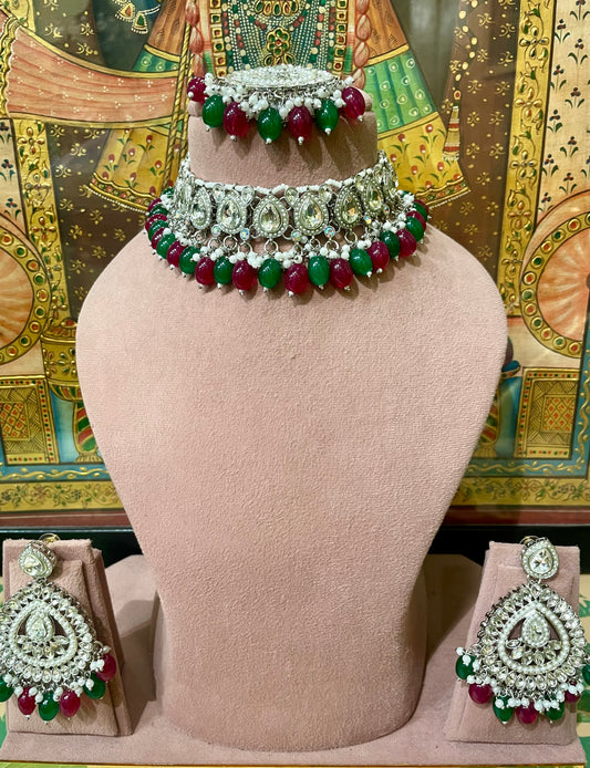 MAROON & GREEN SILVER TONED DESIGNER CHOKER NECKLACE SET