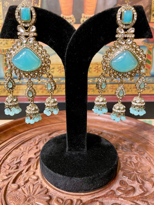 TURQUOISE BLUE MONALISA STONE KUNDAN MOISSANITE JHUMKI EARRINGS