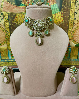 MINT GREEN & PINK KUNDAN MOISSANITE MONALISA TEAR DROP DESIGNER CHOKER SET