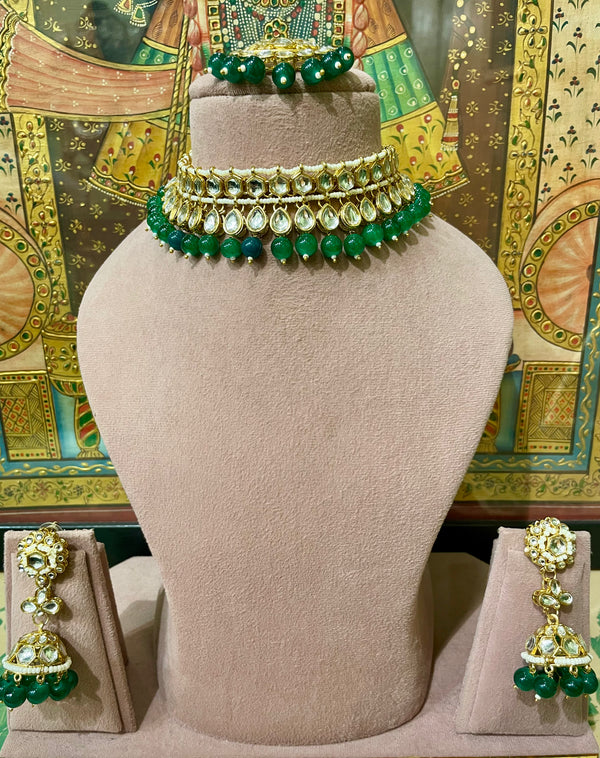 GREEN ETHNIC KUNDAN JHUMKI NECKLACE SET