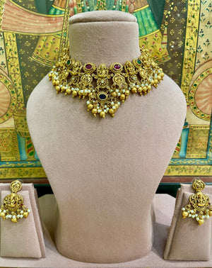 MA LAXMI NAVRATNA TRADITIONAL SOUTH INDIAN ANTIQUE TEMPLE NECKLACE SET