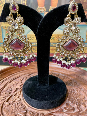 BURGUNDY MONALISA STONE KUNDAN MOISSANITE DANGLER EARRINGS