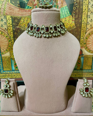 RUBY RED KUNDAN MOISSANITE MONALISA NECKLACE SET