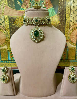 GREEN KUNDAN MOISSANITE PENDANT DESIGNER CHOKER SET