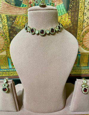 RUBY RED KUNDAN MOISSANITE MONALISA SLEEK NECKLACE SET