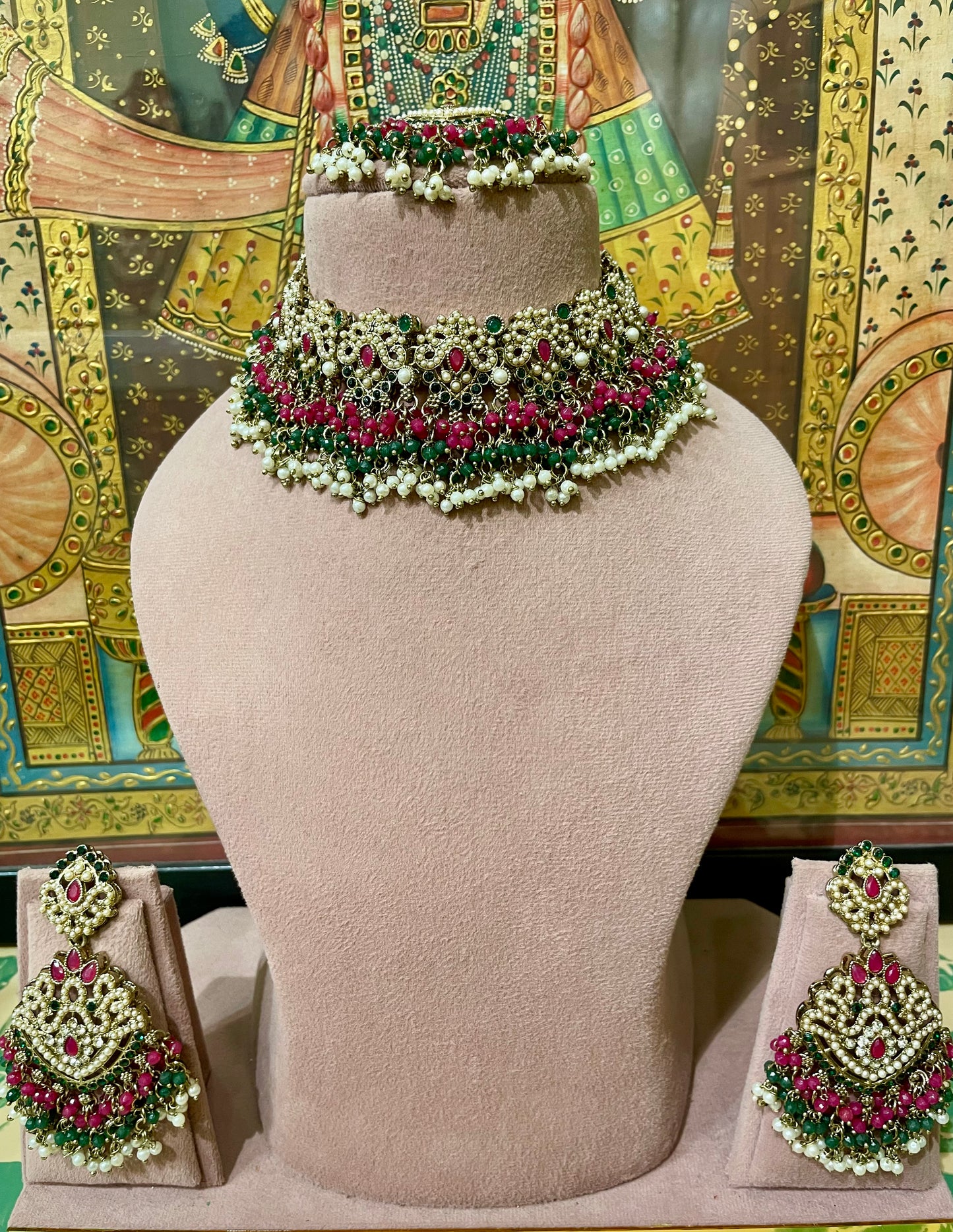 MAROON & GREEN JADAI PEARL CHOKER NECKLACE SET