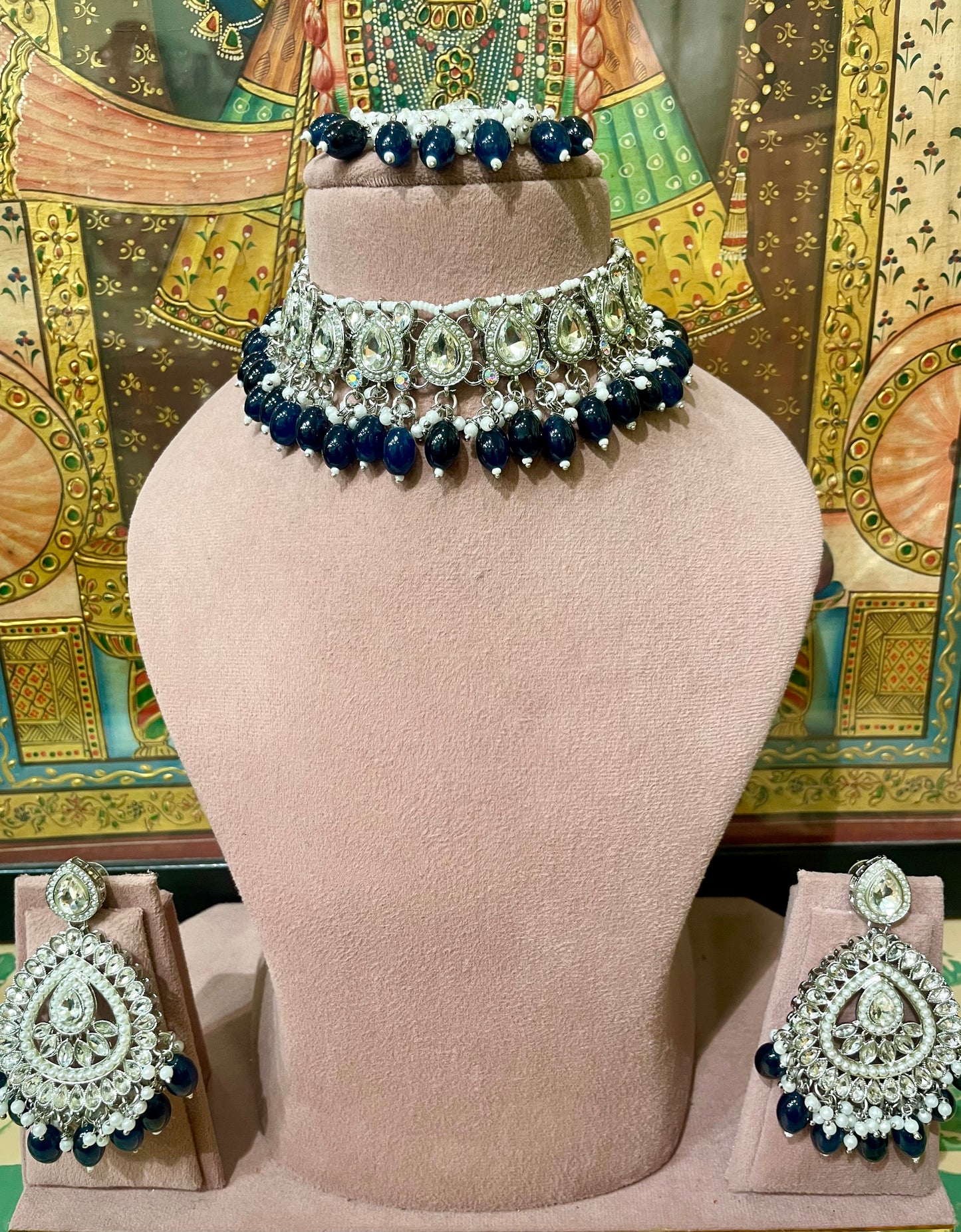 DARK BLUE SILVER TONED DESIGNER CHOKER NECKLACE SET