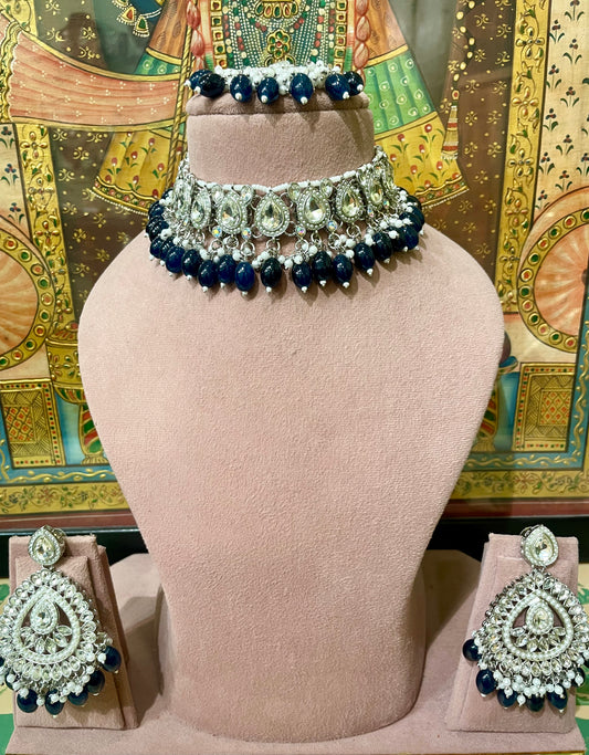 DARK BLUE SILVER TONED DESIGNER CHOKER NECKLACE SET