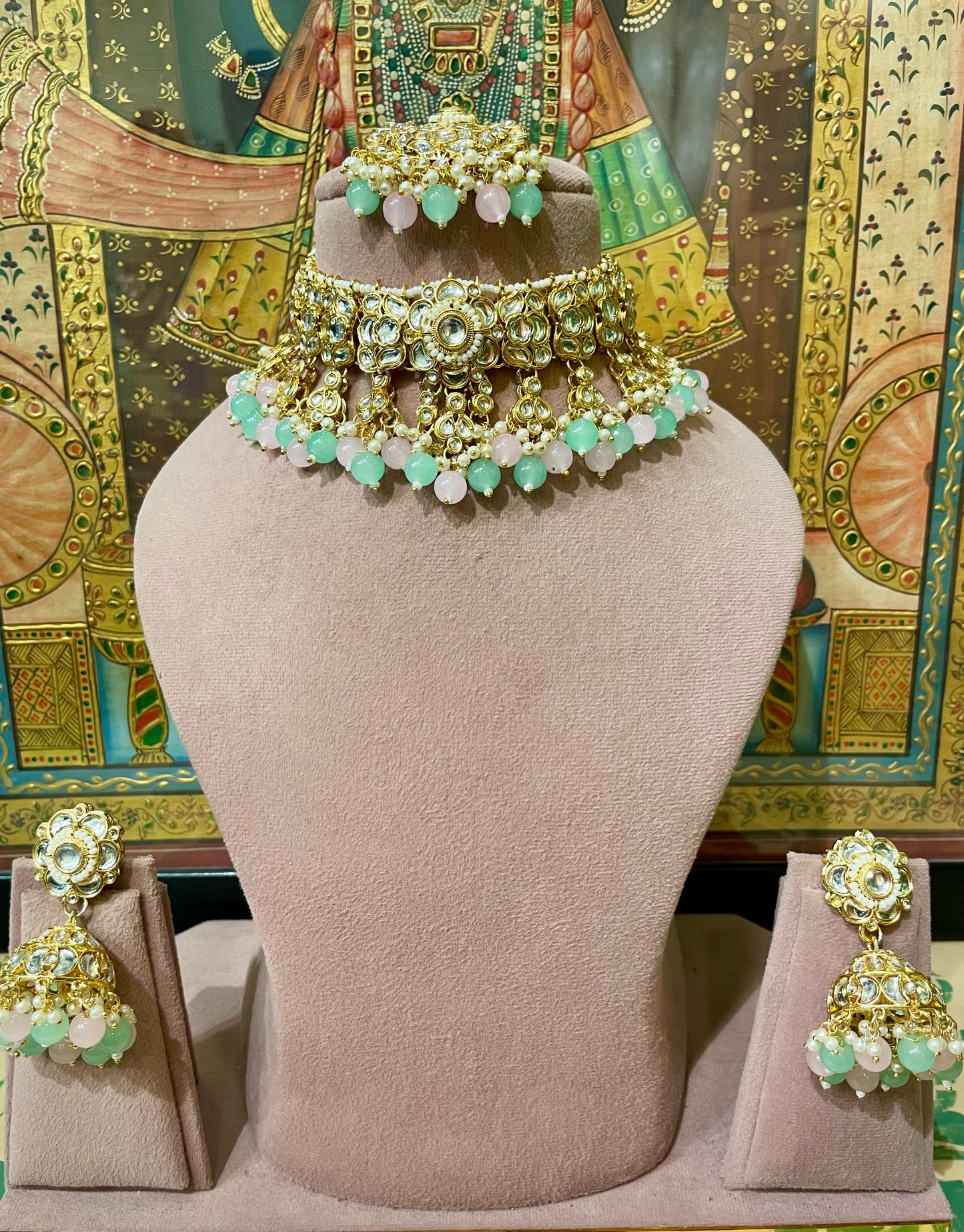 MINT GREEN & PINK KUNDAN GOLD PLATED DESIGNER CHOKER NECKLACE SET