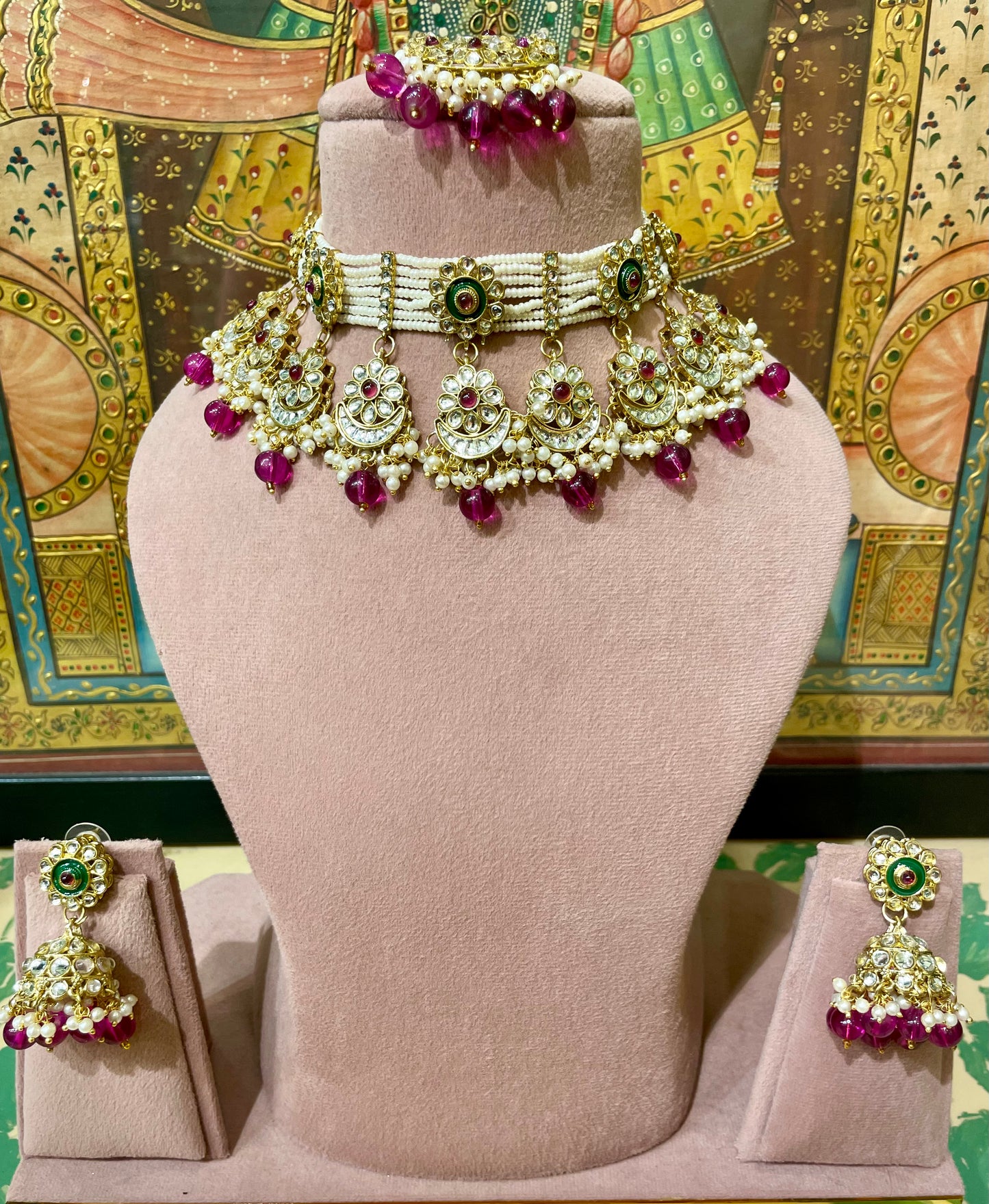 KUNDAN PEARL FUCHSIA PINK DESIGNER CHOKER SET