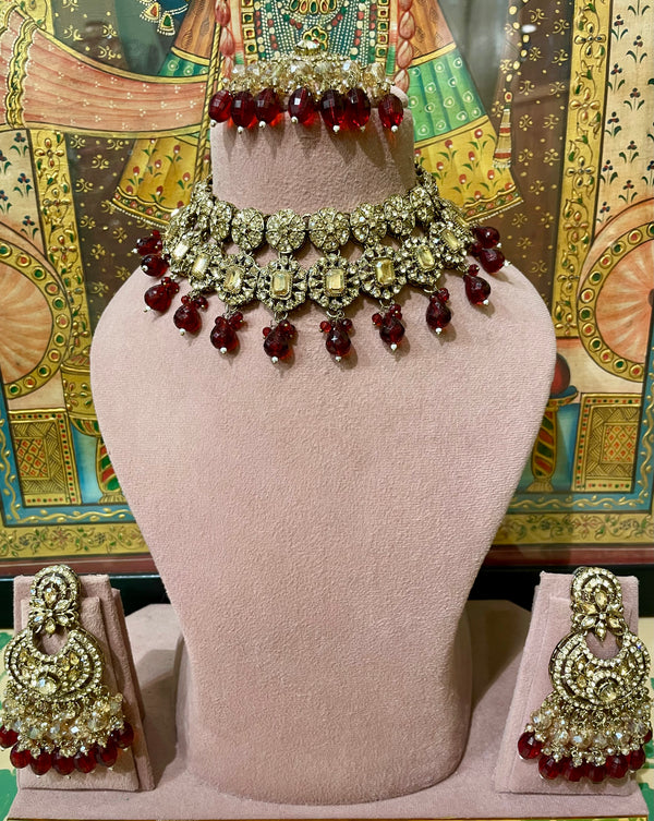 MAROON GOLD TONED DESIGNER CHOKER NECKLACE SET