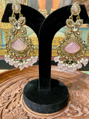 SOFT PINK MONALISA STONE KUNDAN MOISSANITE DANGLER EARRINGS