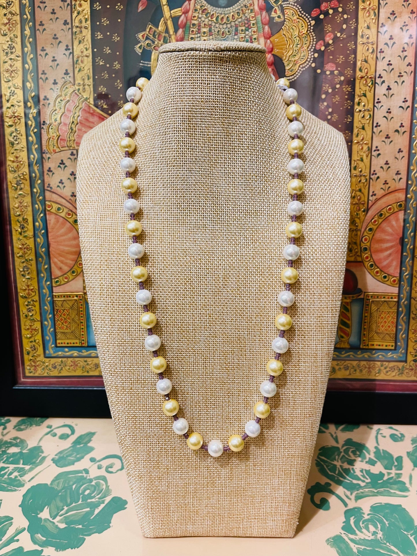 GOLDEN & IVORY PEARL NECKLACE SEMI PRECIOUS STRING