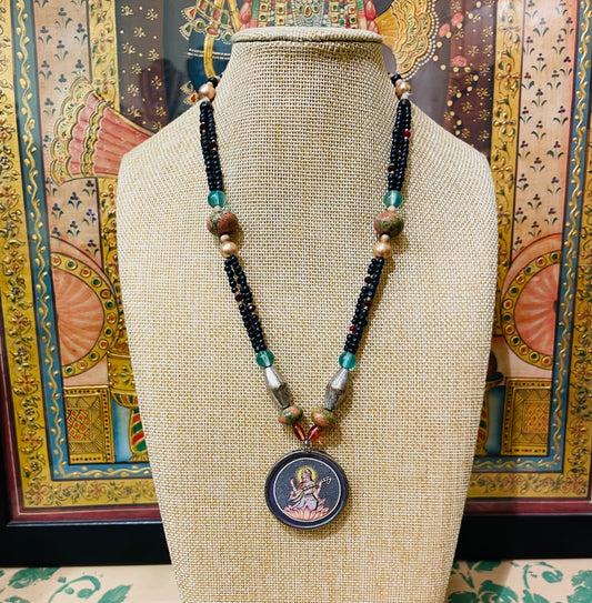 HANDPAINTED MAA SARASWATI  SEMI PRECIOUS NECKLACE