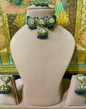 ROYAL BLUE IMPERIAL KUNDAN MOISSANITE JHUMKI CHOKER SET