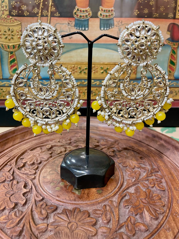 YELLOW TRADITIONAL POLKI CHANDBALI EARRINGS