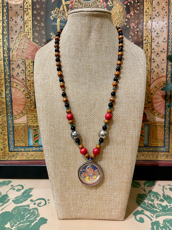 HANDPAINTED LORD GANESH SILVER PENDANT WOODEN BEADS DESIGNER STRING NECKLACE