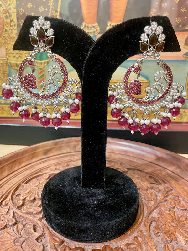 MAROON SILVER TONED CHANDBALI DESIGNER EARRINGS