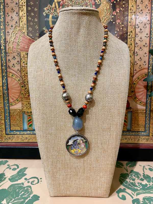 HANDPAINTED SHIV PARVATI SILVER PENDANT SEMI PRECIOUS STONES DESIGNER STRING NECKLACE