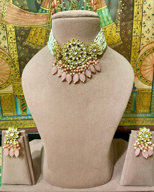 PINK KUNDAN PEARL DESIGNER CHOKER SET