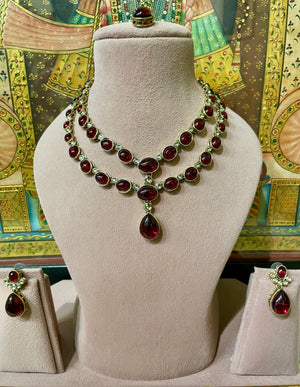 RUBY RED MONALISA STONE DOUBLE LAYER NECKLACE SET