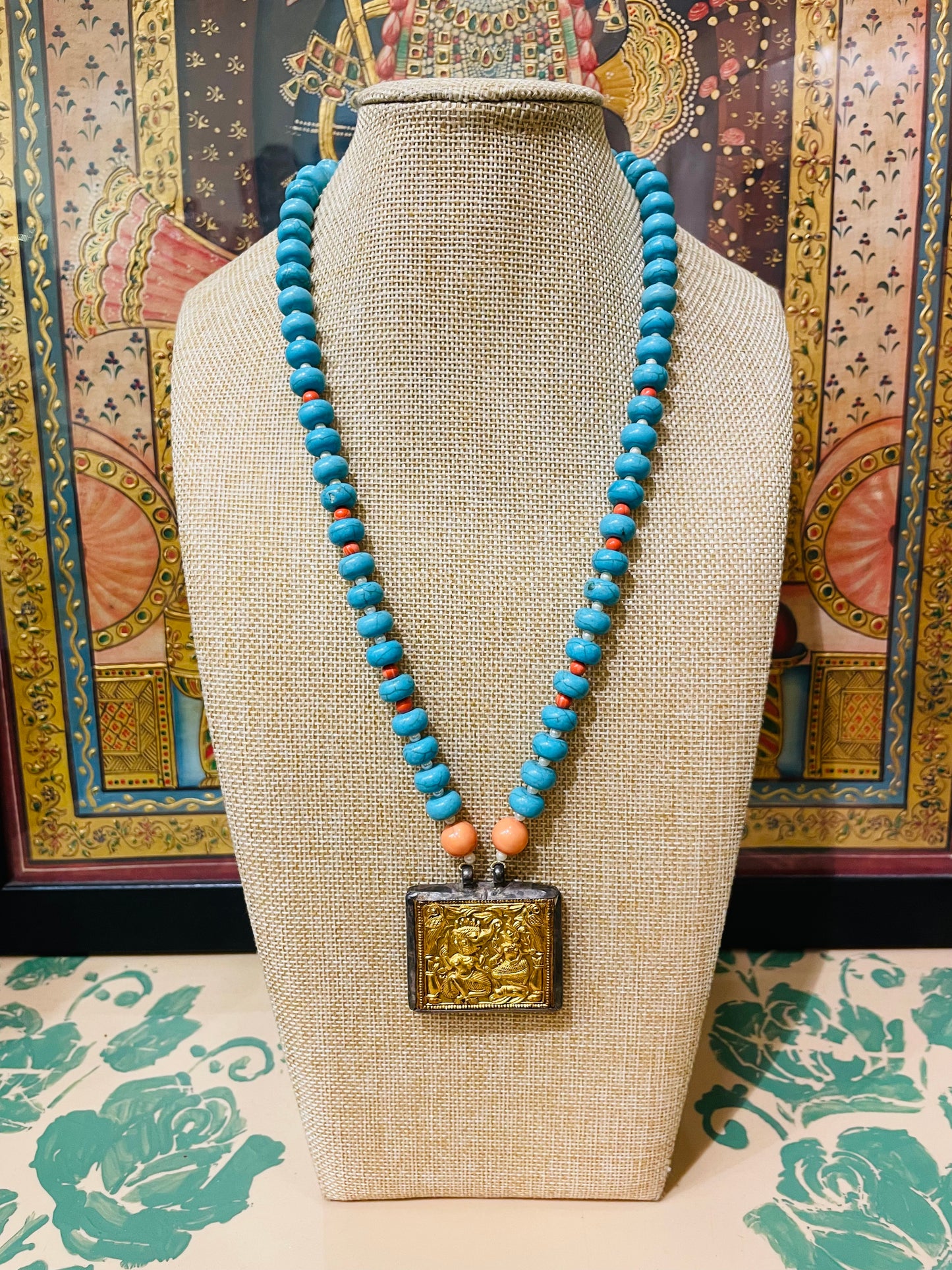 GOLD PATRA ANTIQUE TRIBAL ART TURQUOISE SEMI PRECIOUS STONE NECKLACE