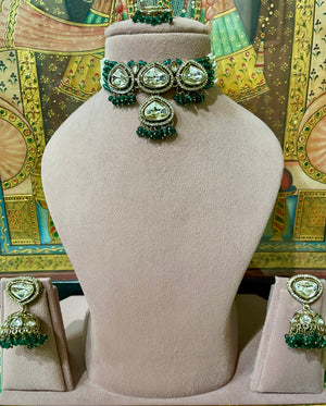 GREEN IMPERIAL KUNDAN MOISSANITE JHUMKI CHOKER SET