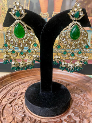 GREEN KUNDAN MOISSANITE BRIDAL CHANDBALI JHUMKI EARRINGS