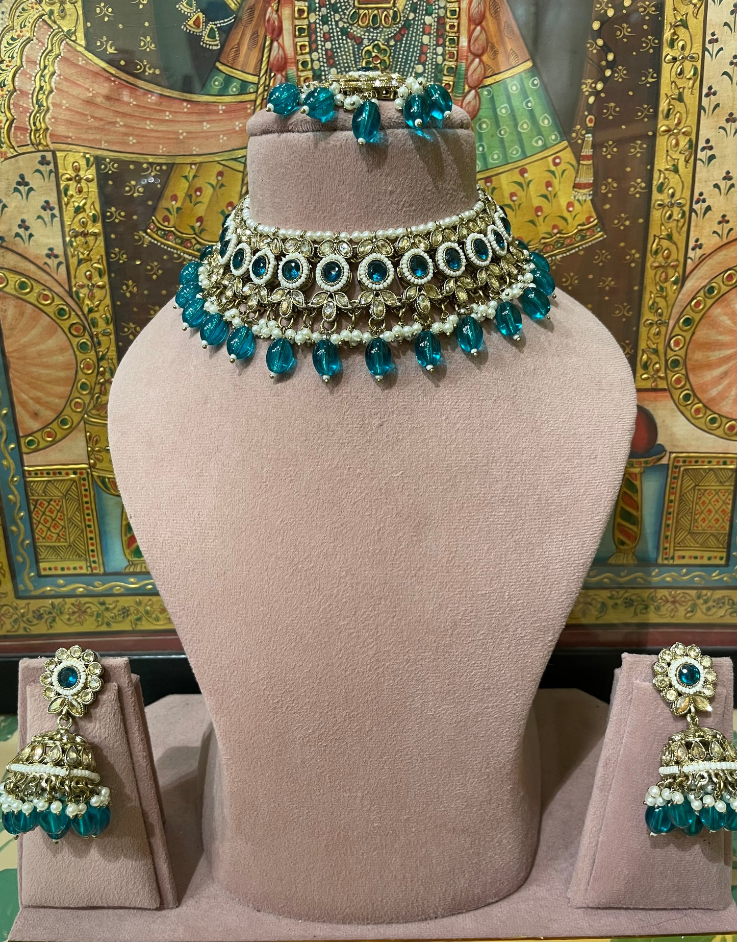 TEAL BLUE GOLD TONED CHOKER NECKLACE SET