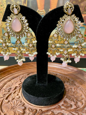 SOFT PINK MONALISA STONE KUNDAN MOISSANITE DANGLER EARRINGS