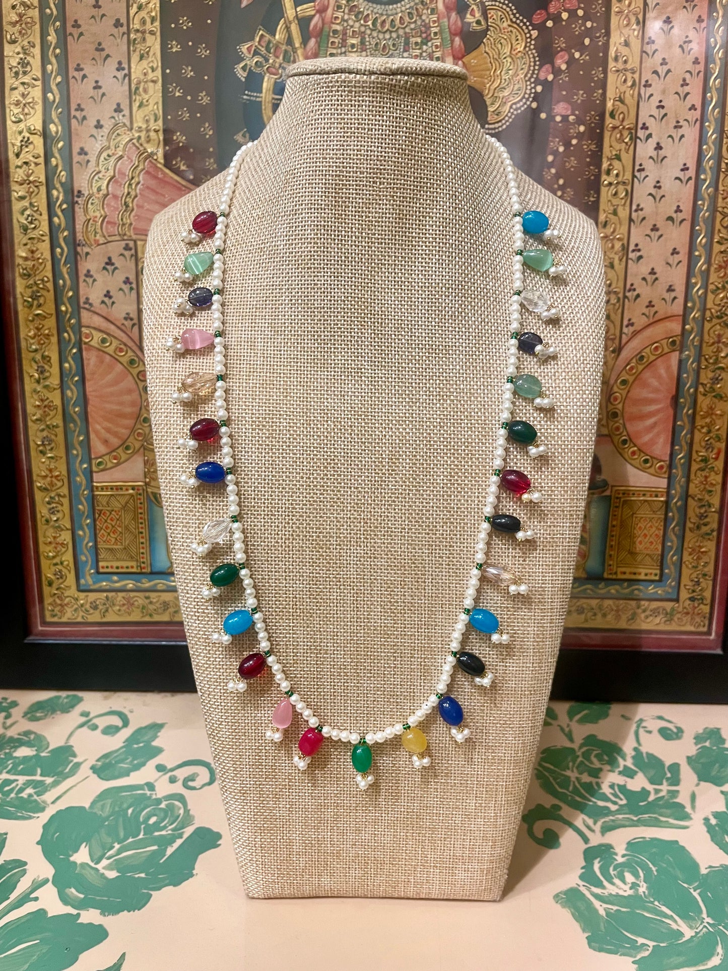 LONG PEARL MULTI COLOUR STONES NECKLACE