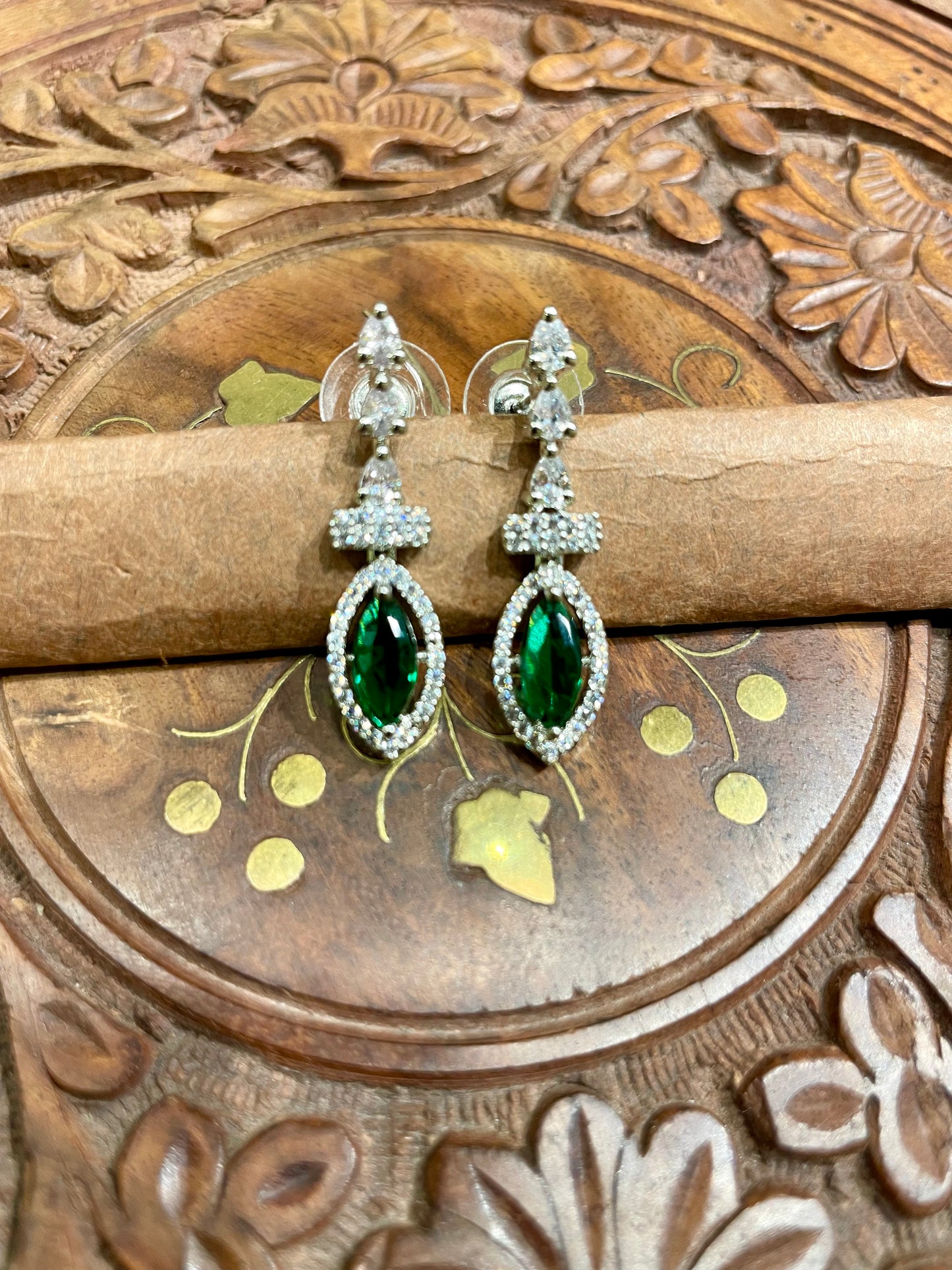 GREEN AMERICAN DIAMOND (AD) DESIGNER DANGLER EARRINGS