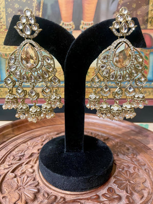 GOLDEN KUNDAN MOISSANITE BRIDAL CHANDBALI JHUMKI EARRINGS
