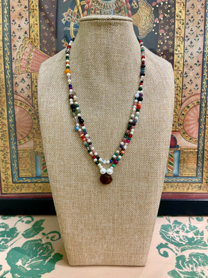 MULTICOLOUR GEMSTONES & PEARL LONG STATEMENT NECKLACE