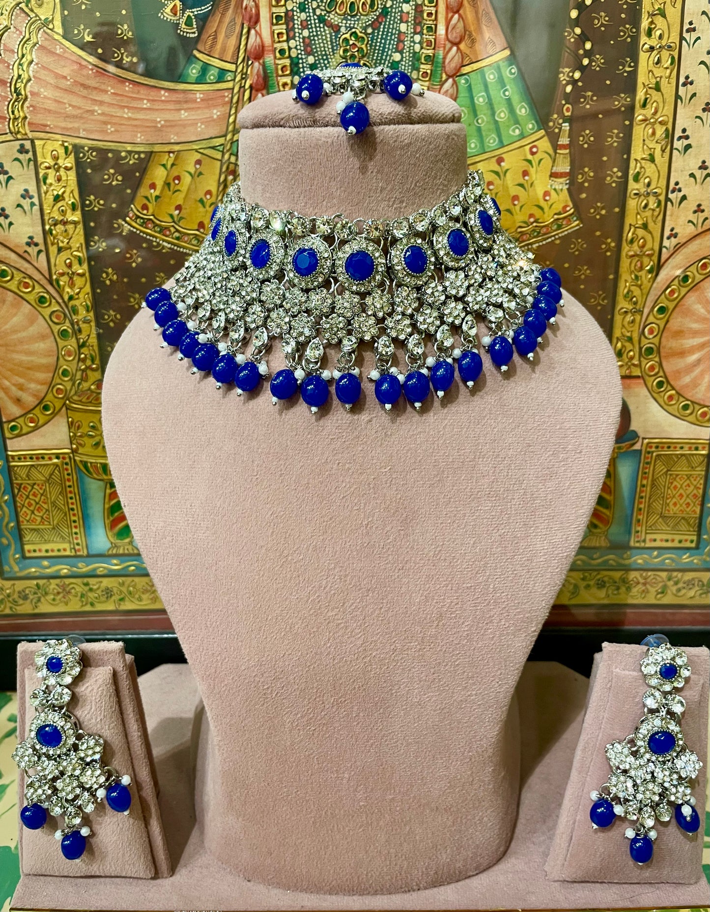 ROYAL BLUE AMERICAN DIAMOND (AD) POLKI NECKLACE SET