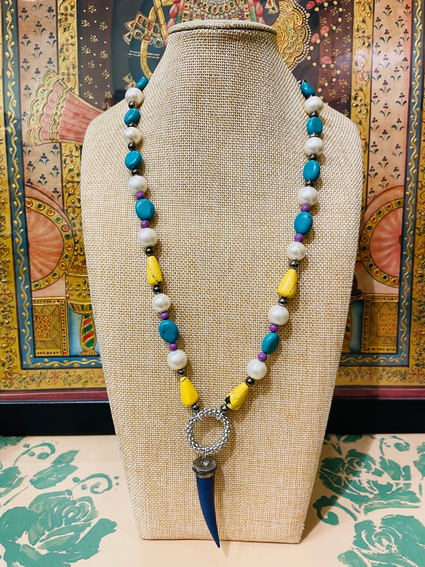 SEMI PRECIOUS MULTI STONES DESIGNER PENDANT NECKLACE (TURQUOISE)