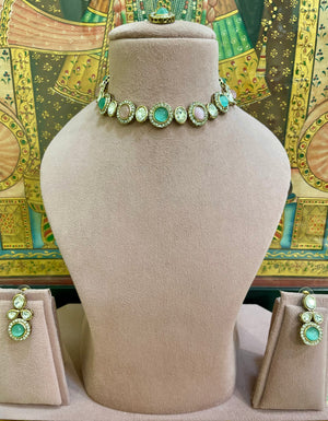 MINT GREEN & SOFT PINK KUNDAN MOISSANITE SLEEK NECKLACE SET
