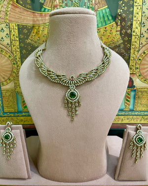 EMERALD GREEN MOISSANITE ROYALE CASCADE TASSEL NECKLACE SET