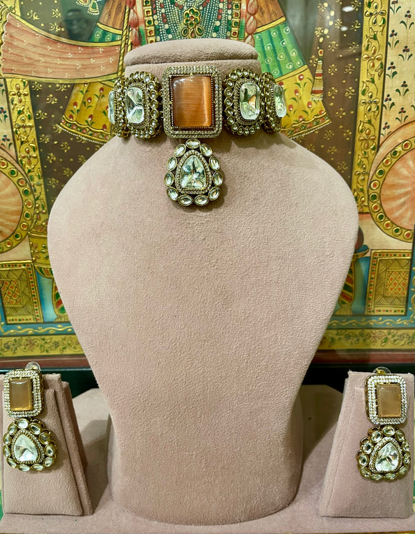 PEACH NIZAM ANTIQUE KUNDAN MONALISA STONE CHOKER SET