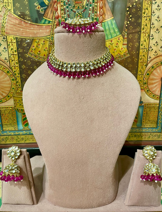 DARK PINK KUNDAN CHOKER NECKLACE SET