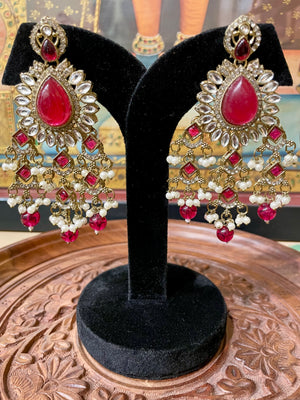 RUBY RED MONALISA STONE KUNDAN MOISSANITE DANGLER EARRINGS