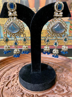 DARK BLUE MONALISA STONE KUNDAN MOISSANITE JHUMKI EARRINGS