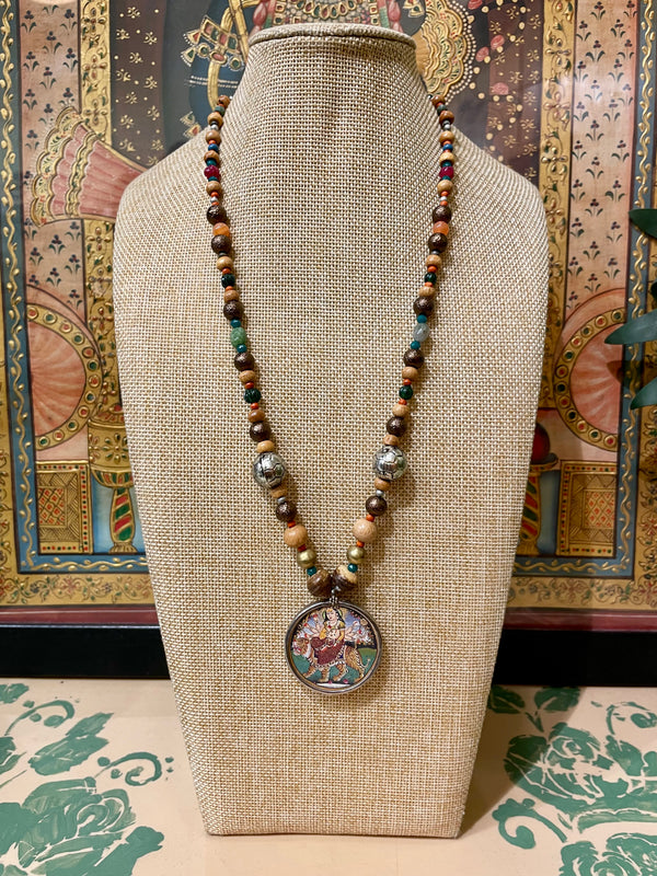 HANDPAINTED MAA DURGA SILVER PENDANT WOODEN BEADS DESIGNER STRING NECKLACE