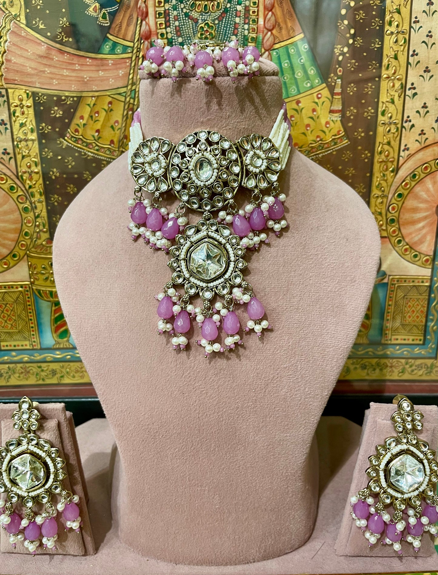 KUNDAN POLKI LAVENDER PEARL CHOKER NECKLACE SET